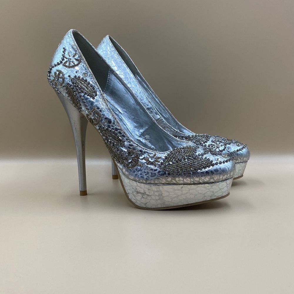 Silver Embellished Platform Stiletto Heels - Women's